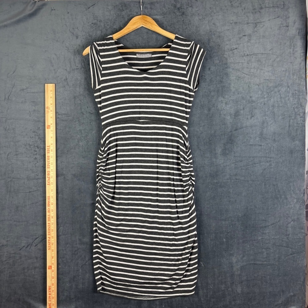 Loveappella Black and White stripped Ruched Maternity Midi Dress Sz Medium
